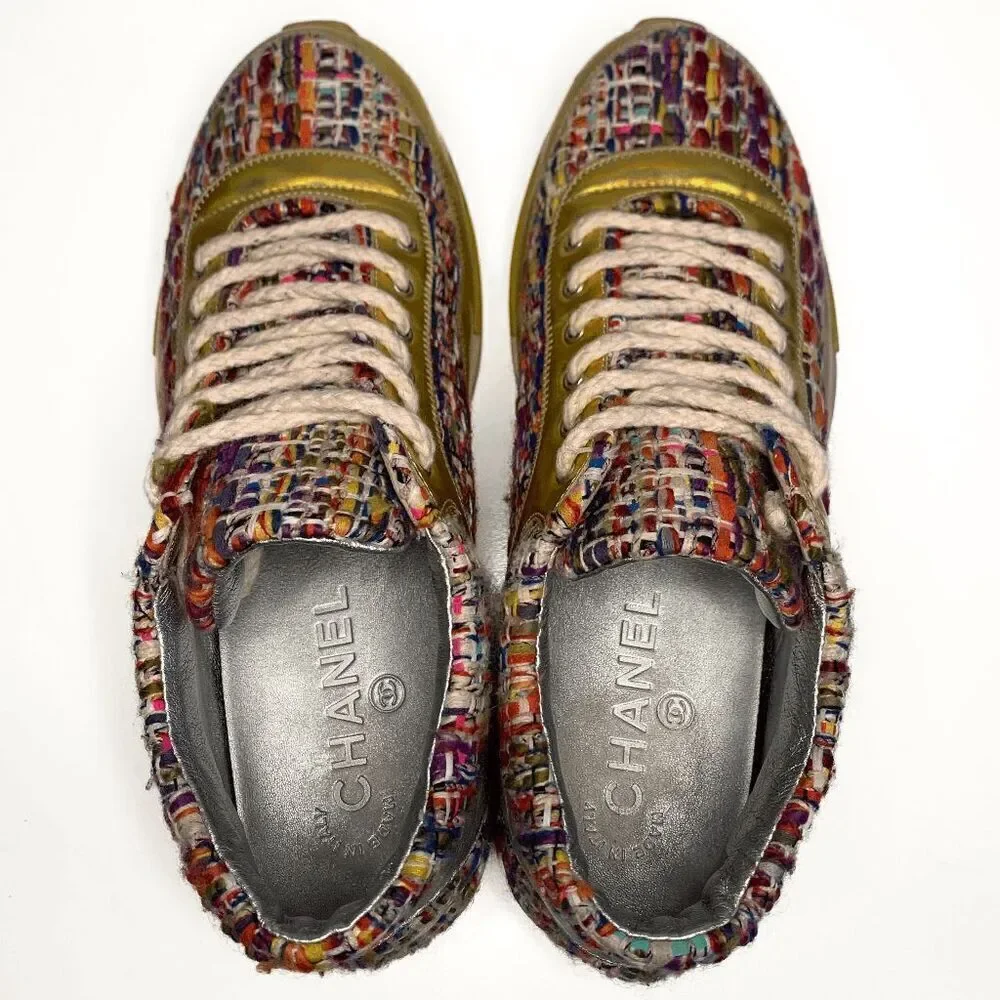 Chanel CC Logo Tweed Rainbow Metallic Gold Multi Sneakers EU 36.5 Lace Up Shoes